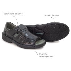 Sandália Masculina Confortável em Couro Preto Leve... - Levecomfort Calçados