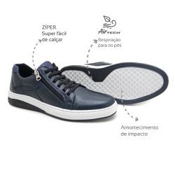 Sapatênis Leve com Zíper Couro Marinho Leveterapia... - Levecomfort Calçados