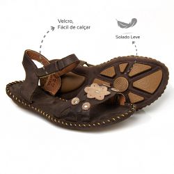 Sandália com Velcro couro Café Levecomfort - f1070... - Levecomfort Calçados