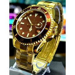 RLX SUBMARINER BATERIA TODO DOURADO FUNDO MARROM -... - GRINGA TOP MIL