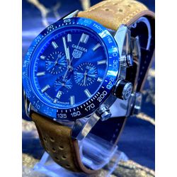 TAG HEUER CARRERA FUNDO AZUL PULSEIRA CAMURÇA MARR... - GRINGA TOP MIL