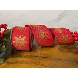 Fita Natalina Vermelha Floco de Neve Dourado 6,3CM... - BARBIZAN DECORE