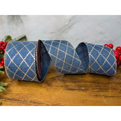 Fita Natalina Aramada Azul com Dourado 6,3cmx9,14m... - BARBIZAN DECORE