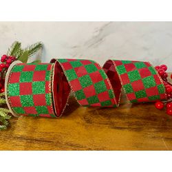 Fita Natalina Aramada 6,3cm Vermelho Quadrados Ver... - BARBIZAN DECORE