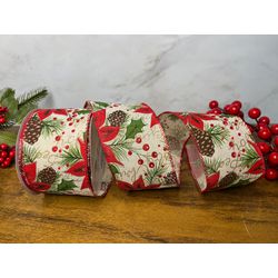Fita Natalina Poinsetia e Pinha Vermelho Verde 6,3... - BARBIZAN DECORE