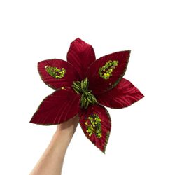 Flor Natalina Poinsetia Vermelho com Verde Lantejo... - BARBIZAN DECORE