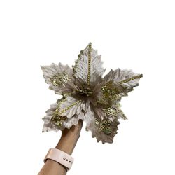 Flor Natalina Poinsetia Rose com Lantejoula Dourad... - BARBIZAN DECORE
