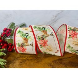 Fita Natalina Aramada com Rena e Flores 6,3cmx9,14... - BARBIZAN DECORE