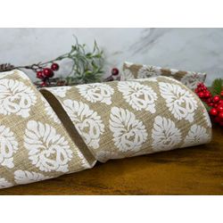 Fita Natalina Aramada Bege com Arabesco Branco 12c... - BARBIZAN DECORE