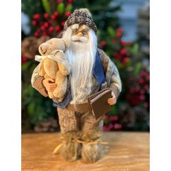 Papai Noel Em Pé Marrom Azul Com Ursinho E Livro 3... - BARBIZAN DECORE