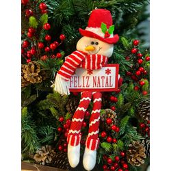 Boneco De Neve Sentado Vermelho e Branco Placa Fel... - BARBIZAN DECORE