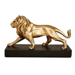 Escultura Leão em Polirresina Dourado com Base Pre... - BARBIZAN DECORE
