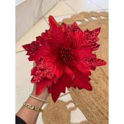 Flor Natalina Poinsetia Vermelha Com Brilho - 4381 - BARBIZAN DECORE
