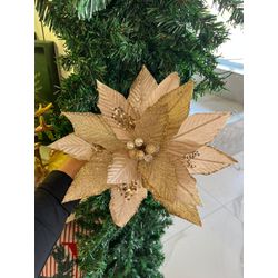 Flor Natalina Poinsetia Champagne Glitter Luxo Nat... - BARBIZAN DECORE