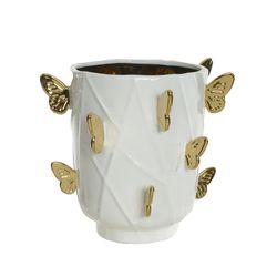 Vaso Borboletas Em Cerâmica Branco E Dourado - 447... - BARBIZAN DECORE