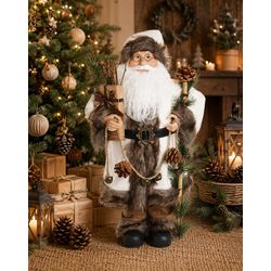 Papai Noel Rustico Presente E Pinhas Branco Marrom... - BARBIZAN DECORE