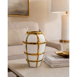 Vaso Branco Linhas Texturizadas Gold Dourado 23cm ... - BARBIZAN DECORE