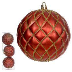 Jogo 3 Bolas Natal Arabesco Vermelho Brilho Dourad... - BARBIZAN DECORE
