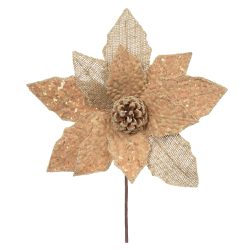 Flor Natalina Poinsetia Rustica Bege Juta Com Pinh... - BARBIZAN DECORE