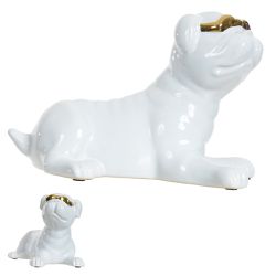 Escultura Cachorro Sentado Branco Bulldog Com Ócul... - BARBIZAN DECORE