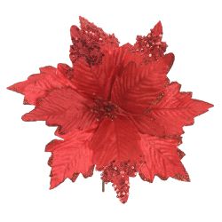 Flor Natalina Poinsetia Vermelha Com Brilho - 4381 - BARBIZAN DECORE