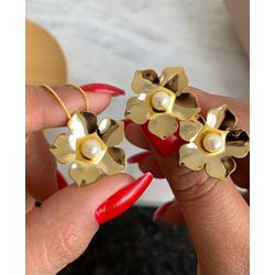 Conjunto flor lisa com pérola - CON4771 - Lojas das Revendedoras
