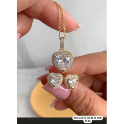 Conjunto coração na zircônia com detalhe cravejado... - Lojas das Revendedoras