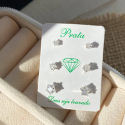 Trio de brinco de estrela na prata 925 - B85114 - Lojas das Revendedoras