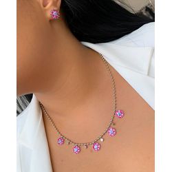 Conjunto floral colorido no ródio branco - CON7201 - Lojas das Revendedoras
