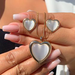 Conjunto de coração com pedra olho de gato LUXO - ... - Lojas das Revendedoras