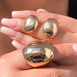 Conjunto liso anel e brinco redondo luxo - CON3021 - Lojas das Revendedoras