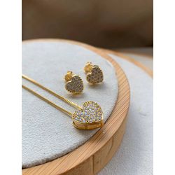 Conjunto colar e brinco de coração cravejado - CON... - Lojas das Revendedoras