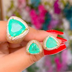 Conjunto Anel e Brinco Cravejado Com Pedra Turmali... - Lojas das Revendedoras