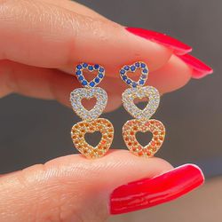 Brinco Com Três Coração Colorido Micro Cravejado -... - Lojas das Revendedoras
