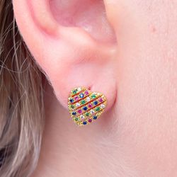Brinco De Coração Cravejado Na Zirconia Colorida -... - Lojas das Revendedoras