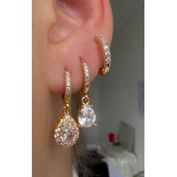 Trio de Brincos pingente gota cravejado - B8510 - Lojas das Revendedoras