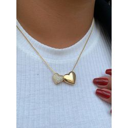 Colar dois corações liso e cravejado - C8562 - Lojas das Revendedoras