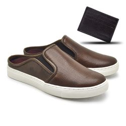 Mule Masculino Stratus em Couro Legitimo Brown + Brinde Porta Cartão