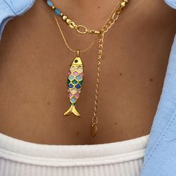 Colar Peixe Mosaico em Aço Inoxidável com Corrente... - Mariana Bertoni Acessórios