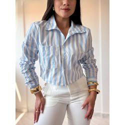 Camisa Cropped Ester Azul Listras... - Marya Conceito