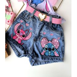 Shorts jeans Stitch e angel Novo - Mini Bella Kids