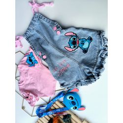 Macacão jeans Stitch Alça - Mini Bella Kids