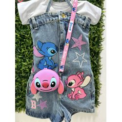 Macacão jeans Personalizados Stitch inicial com o ... - Mini Bella Kids