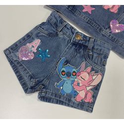 Shorts Jeans Stitch e Angel - Mini Bella Kids