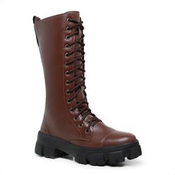 Bota Coturno Cano Longo Alto Blogueiras Marrom - 0... - Myrol Outlet