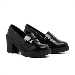 Mocassim Feminino Oxford Salto Alto Preto Verniz -... - Myrol Outlet