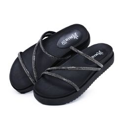 Sandália Papete Plataforma Birken Brilho Preto - 0... - Myrol Outlet