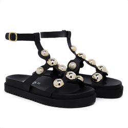 Sandália Papete Aranha Birken Flat com Esferas Pre... - Myrol Outlet