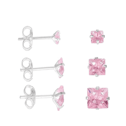 TRIO ZIRCONIA QUADRADO ROSA - New prata e cia