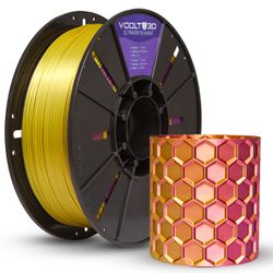 Filamento PLA Duo Color Ametista e Dourado V-Silk 1kg para Impressão 3D, acabamento metálico brilhante e efeito bicolor.